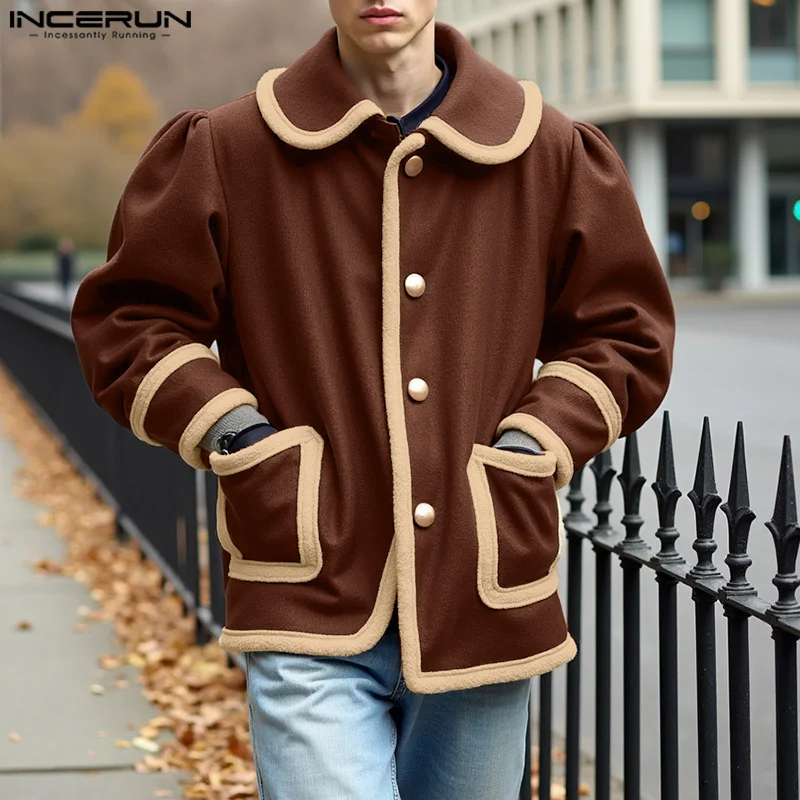 

INCERUN мужские куртки в стиле пэчворк из искусственного флиса повседневные мужские пальто с лацканами и длинными рукавами на пуговицах уличная верхняя одежда куртки мужские