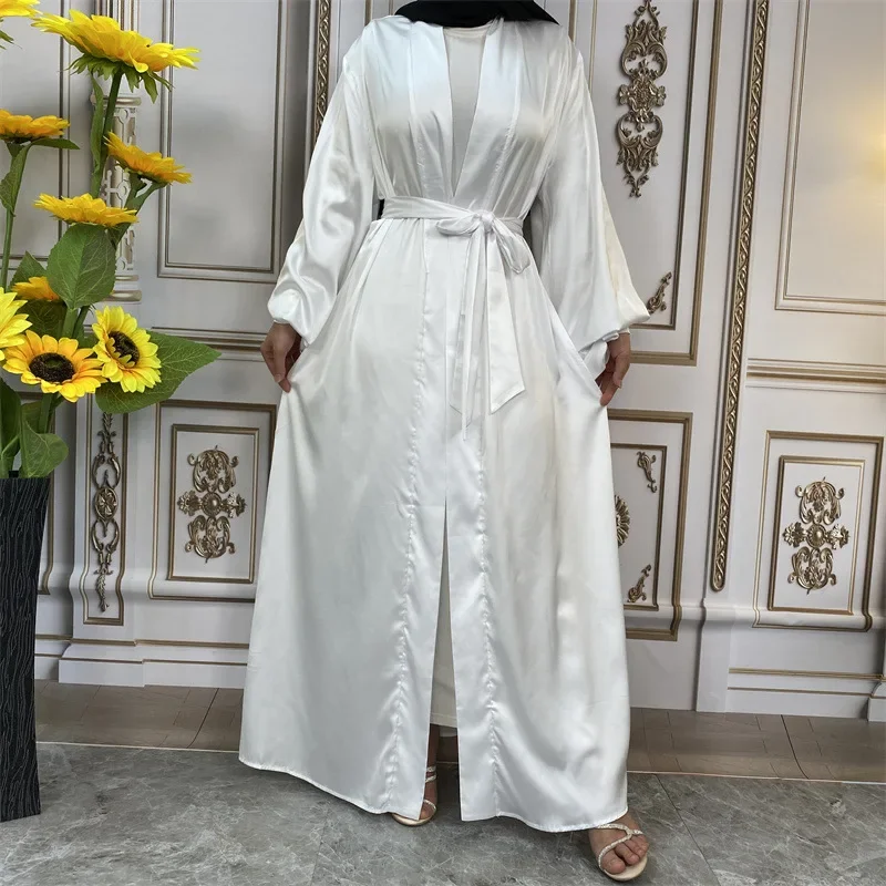 

Satin Open Abaya Dubai Turkey Kaftan Muslim Dress Cardigan Abayas Women Robe Islamic Clothing Kimono Jalabiya Eid Ramadan Caftan