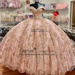 Luxury Pink Princess Quinceanera Dresses Off the Shoulder Ball Gown 2024 Sweet 16 Dress Beads Gold Appliques Lace 15 Party Gowm