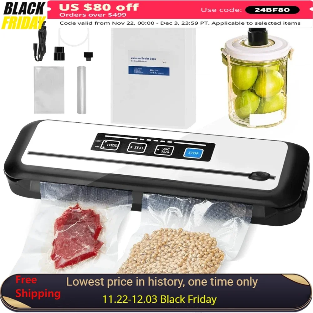 Vacuum Sealer W/ 55 Count Food Sealers Bags, Built-in Cutter and Dry & Moist Sealing, Automatic Vacuum Sealers