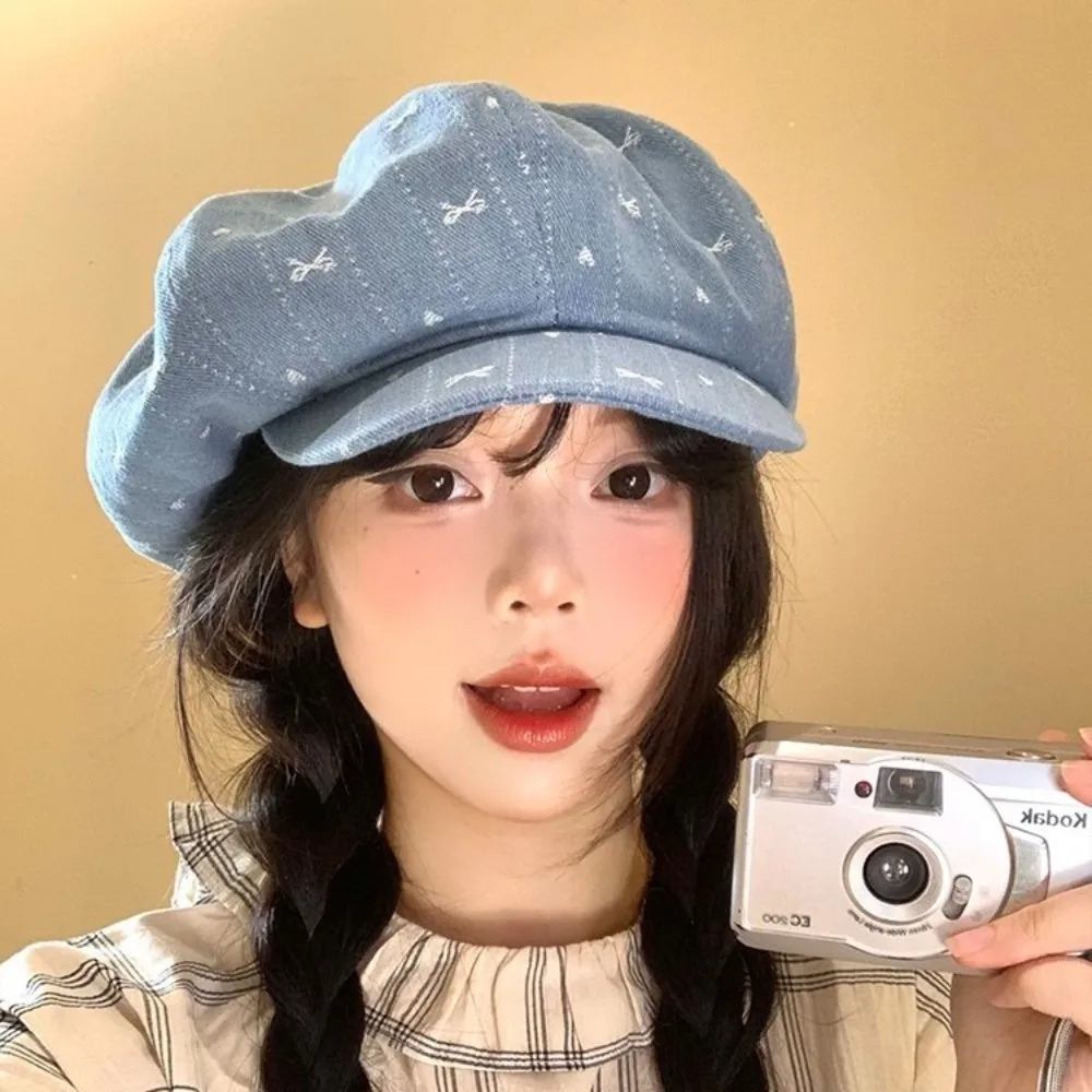 

Ins Vintage Retro Bow Beret Cloud Painter Octagonal Cap Artist Japanese Newsboy Cap Spring and Autumn