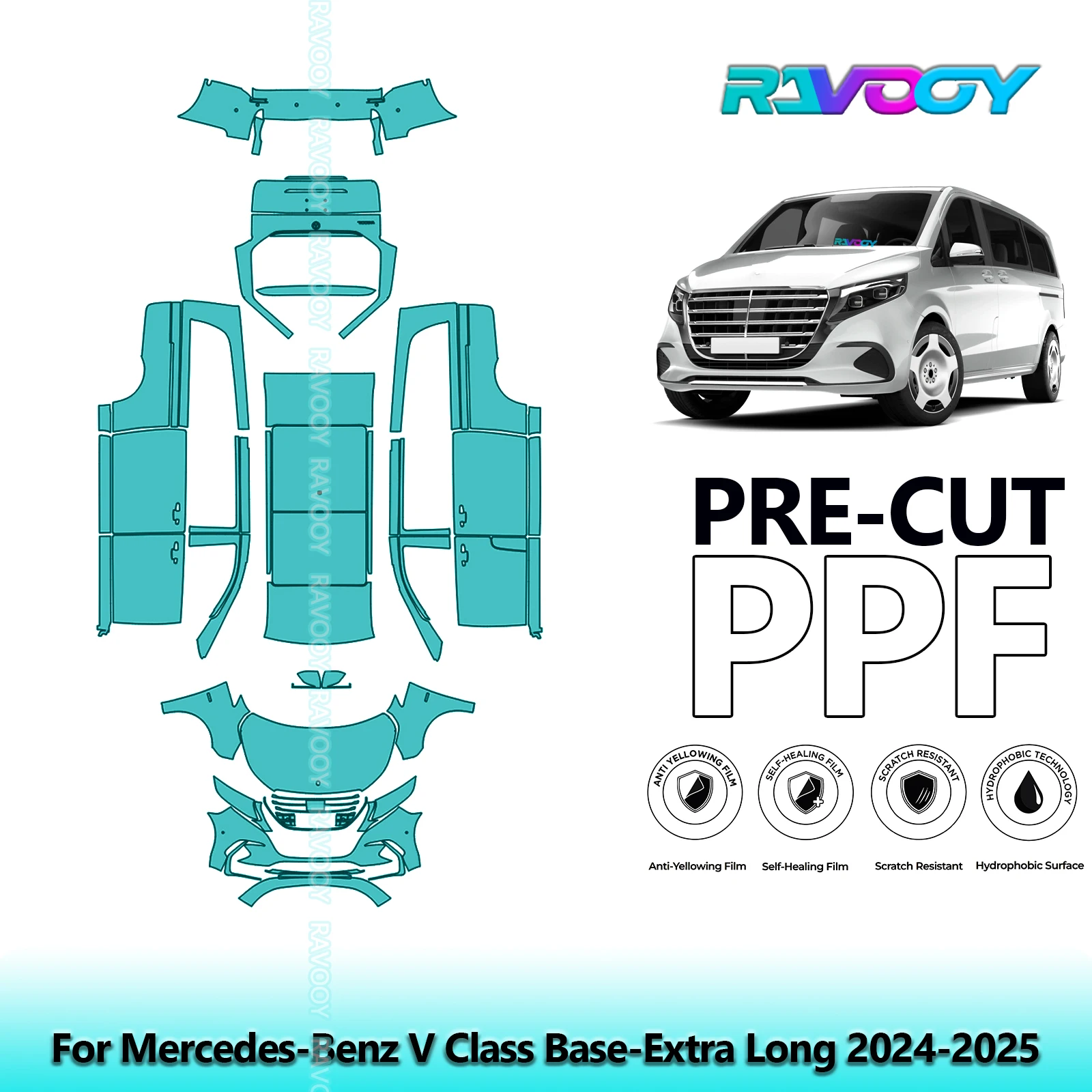 For Mercedes-Benz V Class Base-Extra Long 2024-2025 Full Body Pre-Cut Paint Protection Film PPF Stone Chip Kit Clear/Matte/Black