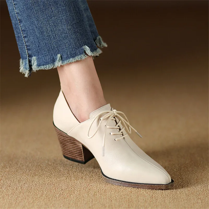 New Spring Genuine Leather Women Shoes Pointed Toe Women Pumps Fashion High Heel Loafers Shoes for Women Chunky Heel Shoes Black