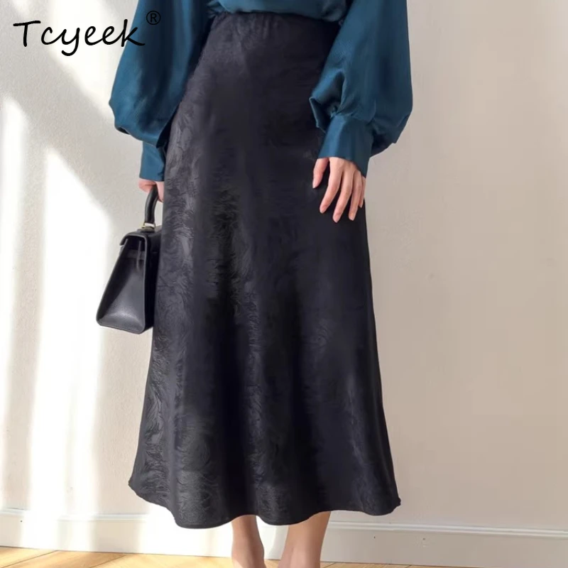 Tcyeek 93% Real Silk Skirts for Women 2026 Spring Summer Elastic Waist Elegant Fishtail Skirt Woman Clothing Faldones Para Mujer