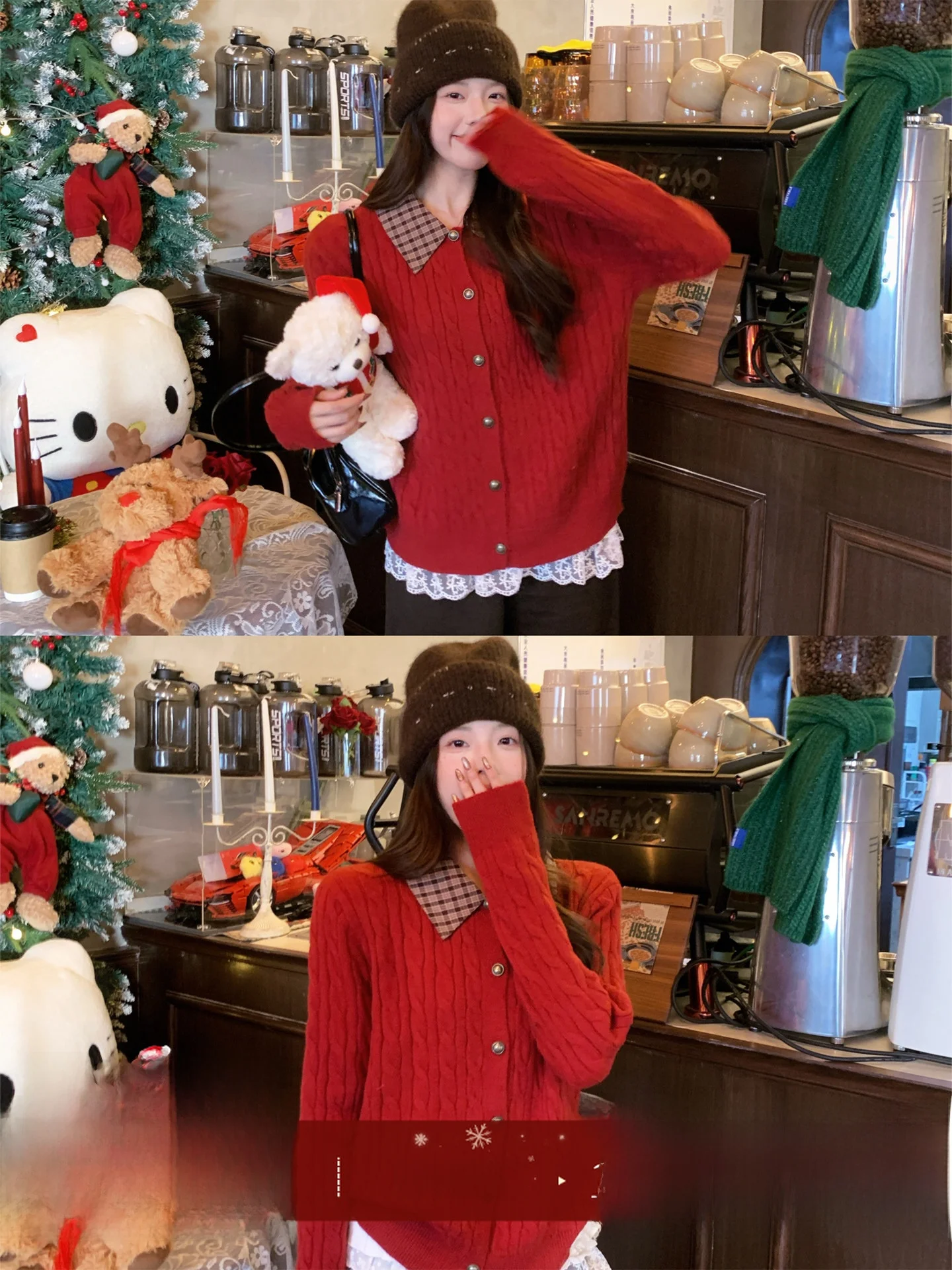 

Красный вязаный свитер-кардиган на Новый год для женщин: модный корейский стиль, создающий особую атмосферу, с длинными рукавами, на пуговицах, из мягкого нейлона