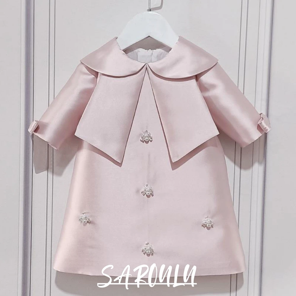 Elegant Baby Girl Pink Satin Big Collar Dress Beaded Embellished Toddler Princess Special Occasion Cute Party Birthday Gown
