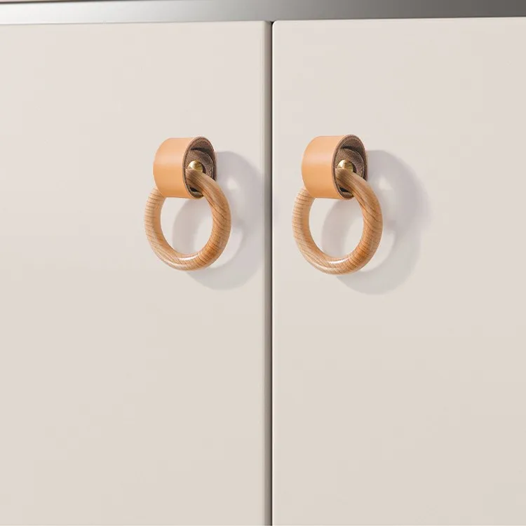 Cowhide + Natural Wood Circular Furniture Knob Kitchen Cabinet Door Handles Drawer Pulls Brass Handles for Drawer Knobs