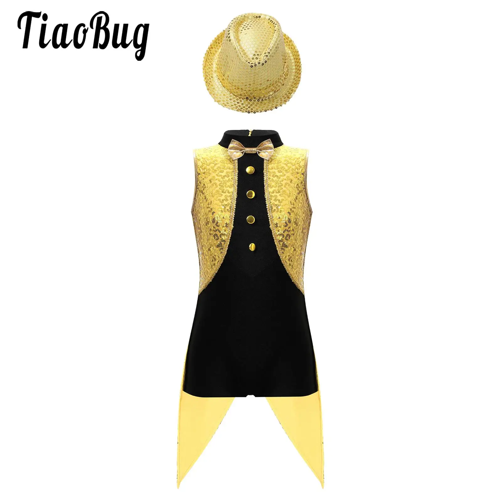 Kids Girls Magician Costumes Set Halloween Cosplay Sequin Circus Tuxedo Sleeveless Back Zipper Bodysuit with Hat Fancy Dress Up