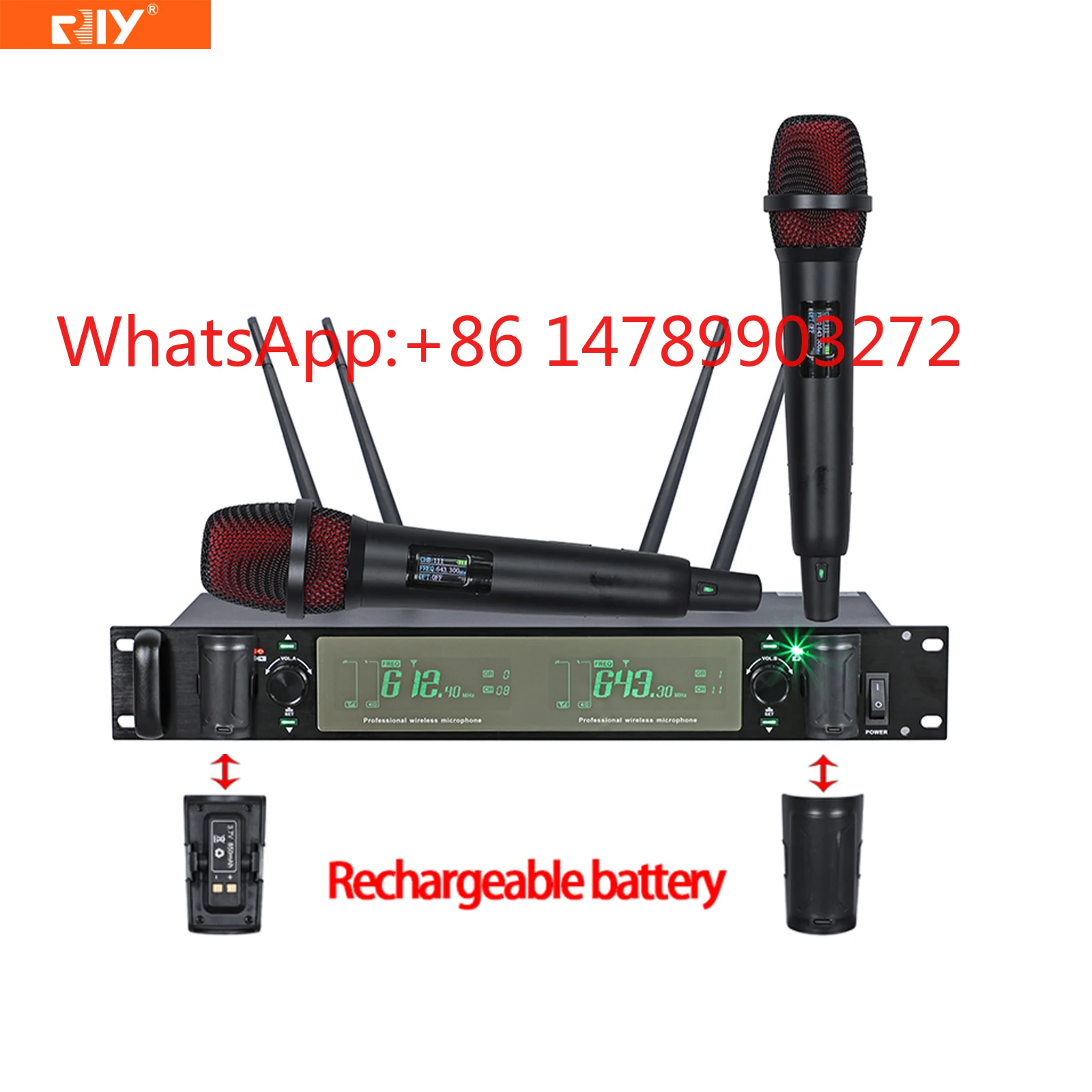 CD-13 UHF Wireless Microphone 4 Rechargeable Battery 2CH Metal Handheld True Diversity Mic for KTV Stage