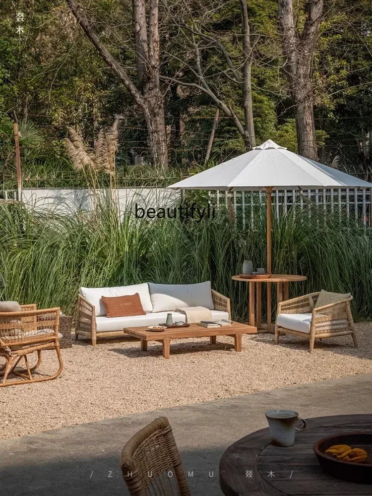 Q181 Southeast Asian Style Outdoor Courtyard B & B Teak Rattan Leisure Sofa and Tea Table Combination Outdoor Furniture