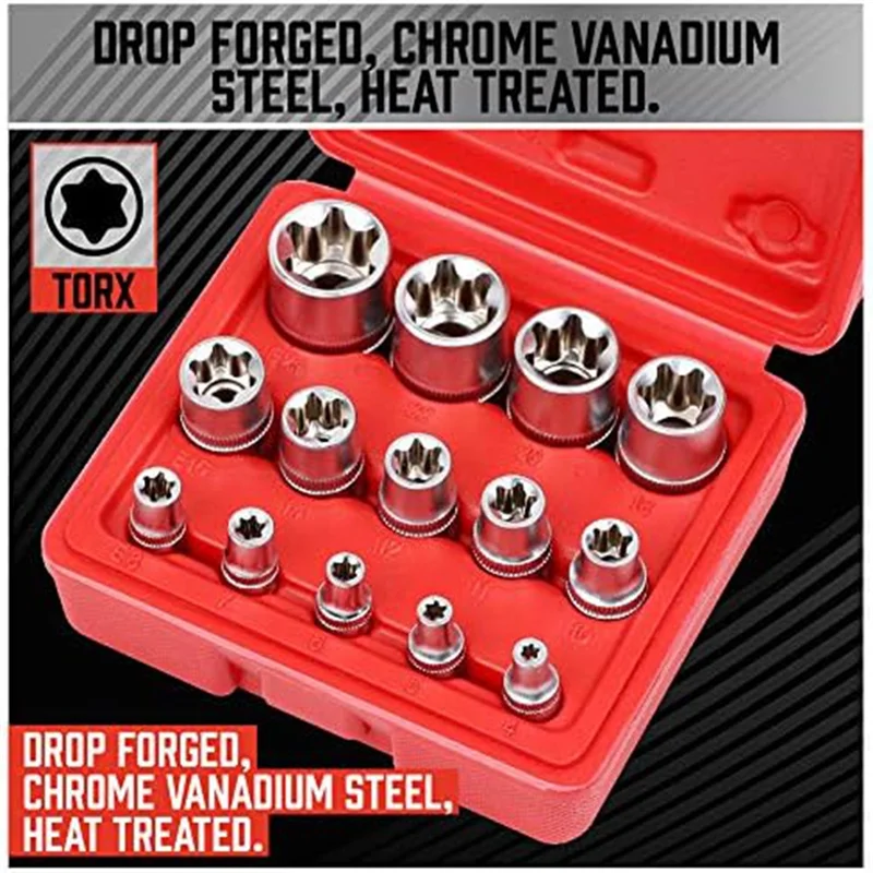

GOOD-14Piece E-TORX Socket Set Premium Female Torx Socket Set Star Socket Set Torque Socket Set External Torx Socket Set