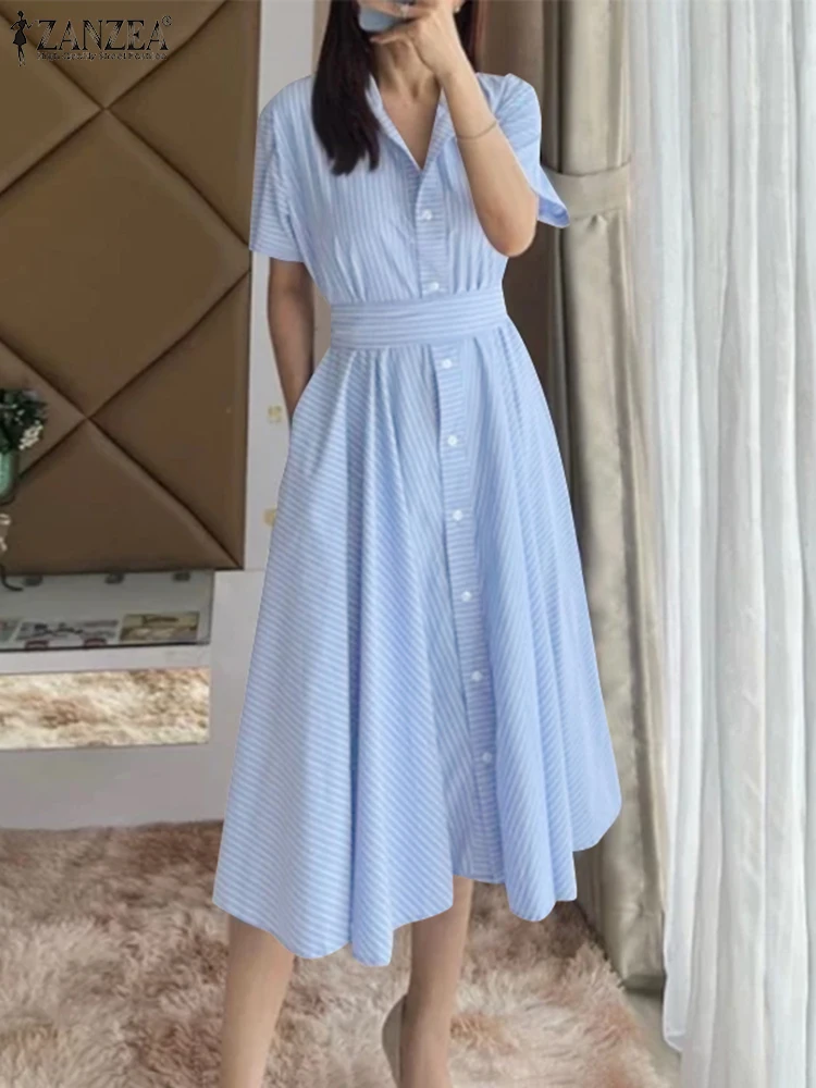 ZANZEA Women Casual Striped Dress Lace-Up Belt Sundress Summer 2025 Short Sleeve A-Line Midi Robe Lapel Neck Pockets Vestidos
