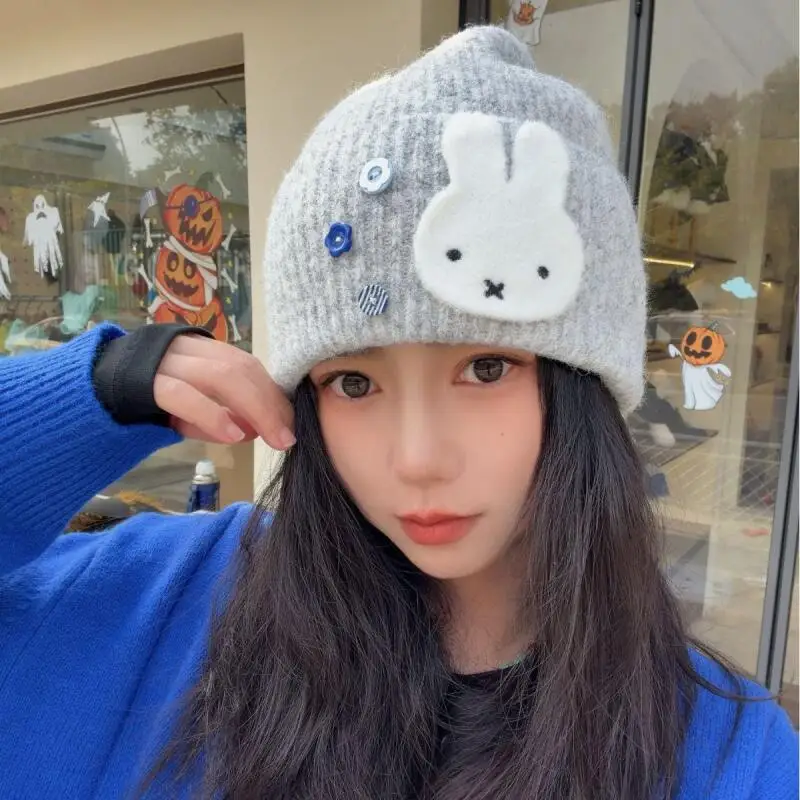 Cartoon Miffy Knitted Hat Ins Korean Winter Warm Big Head Circumference Anti Cold Knitted Hat Kawaii Anime Sweet Hat