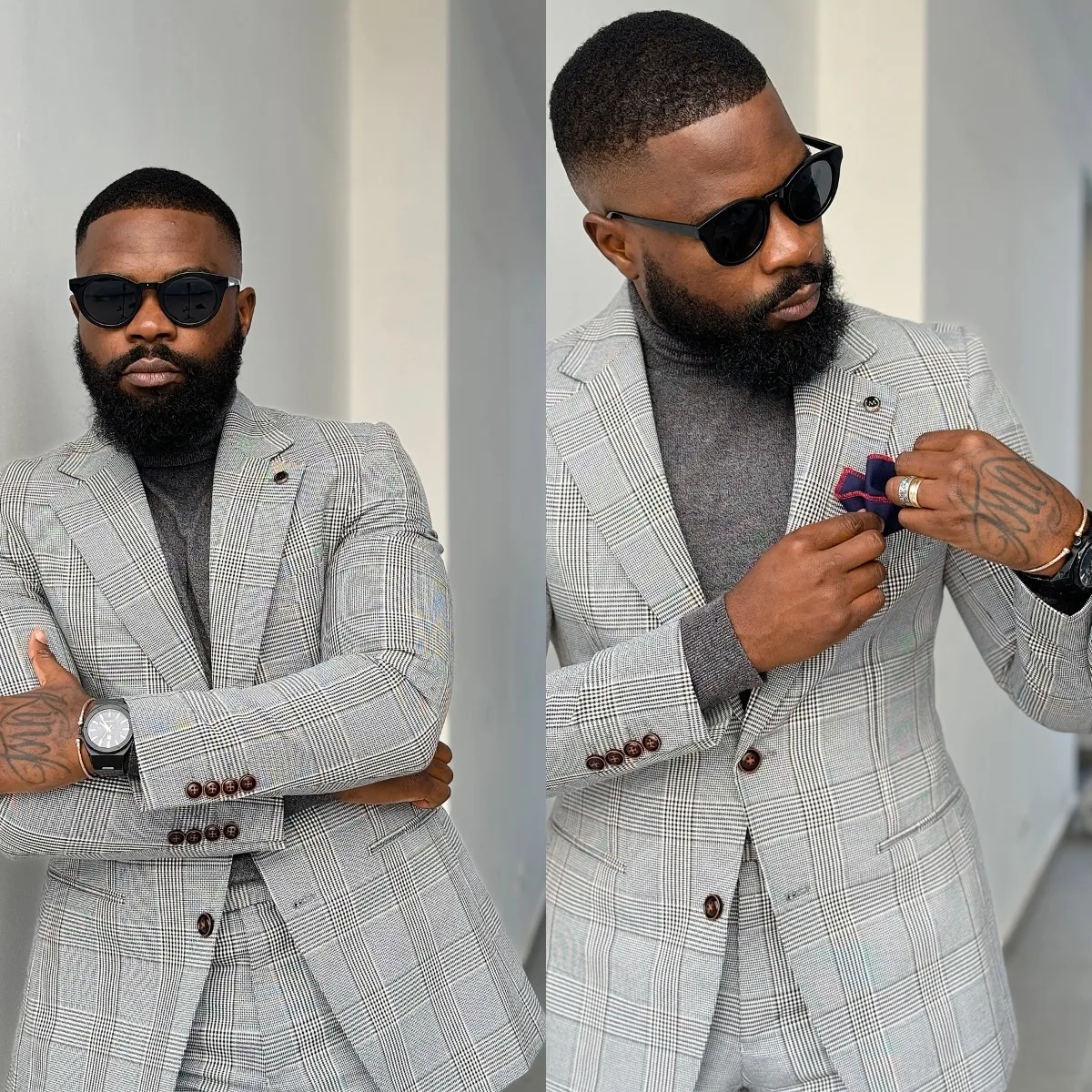 Classic Grey Plaid Wool Blazer with Notch Lapel and Flap Pockets Men Autumn Vintage Suit Jacket Customized M266708