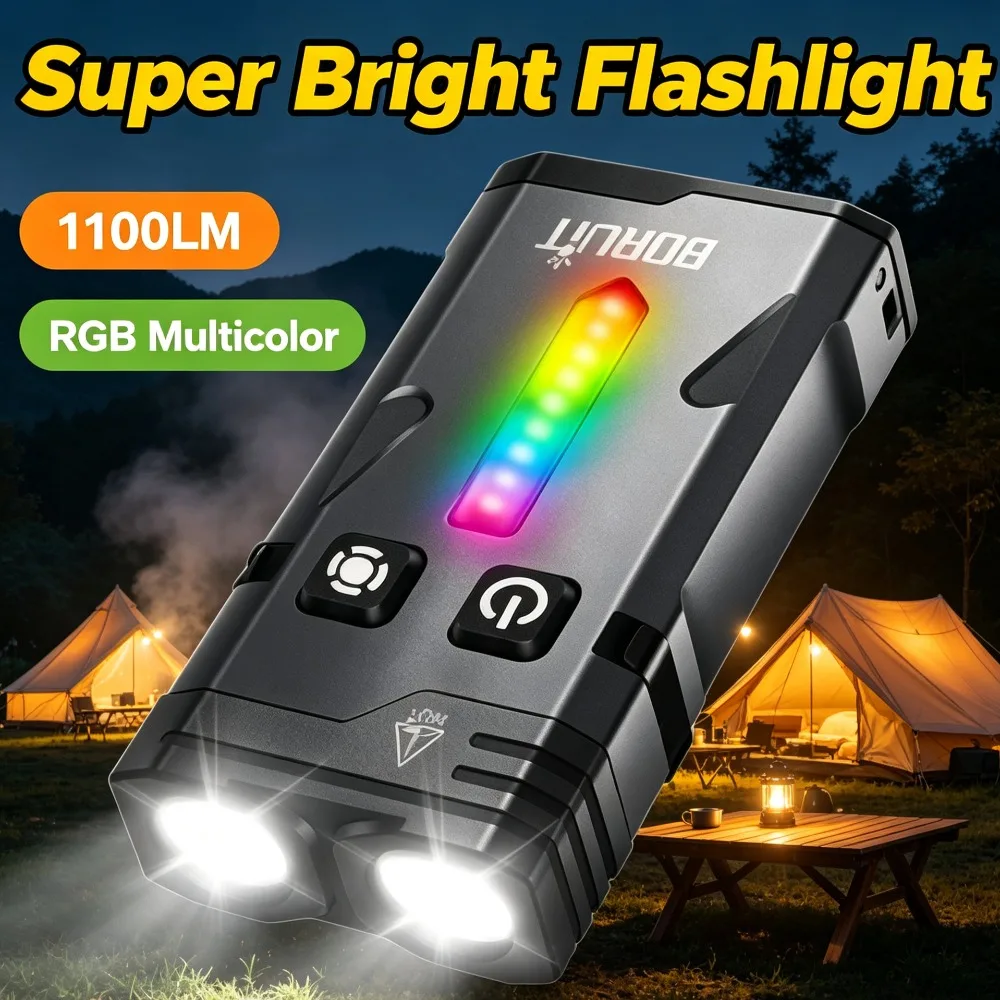EDC High Bright Flashlight 1100LM RGB Multicolor Portable Rechargeable Torch for Outdoor Hiking Night Exploration Camping