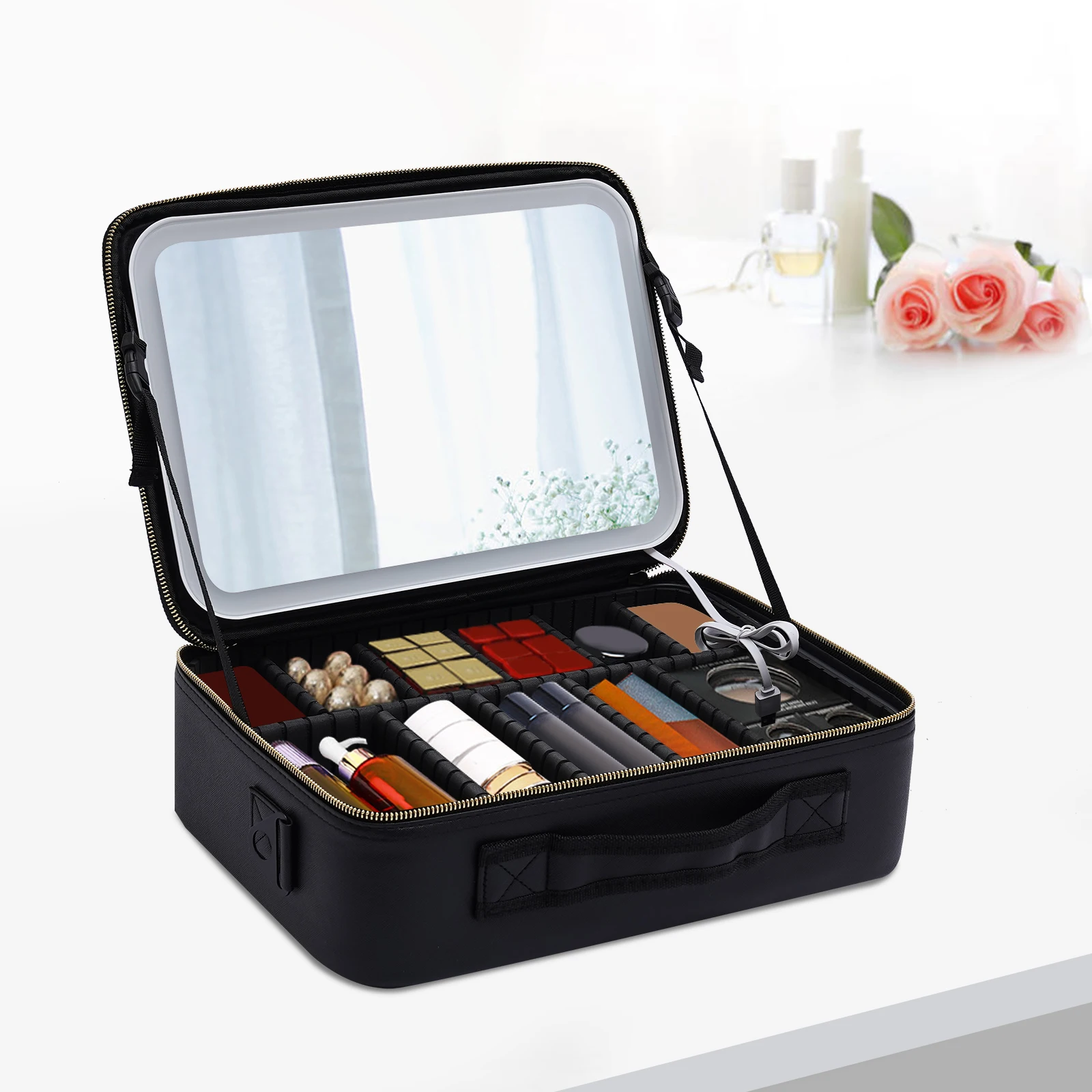

Makeup Train Case with LED Lights, Waterproof PU Material, Large Capacity for Cosmetics & Skincare, Adjustable Brightness,
