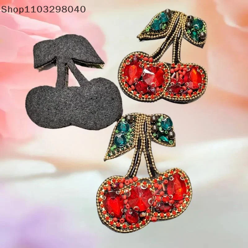 

Unique Artisan-Crafted Beaded Heart Patch with Rhinestone Cherries for DIY Bag & Clothing Décor