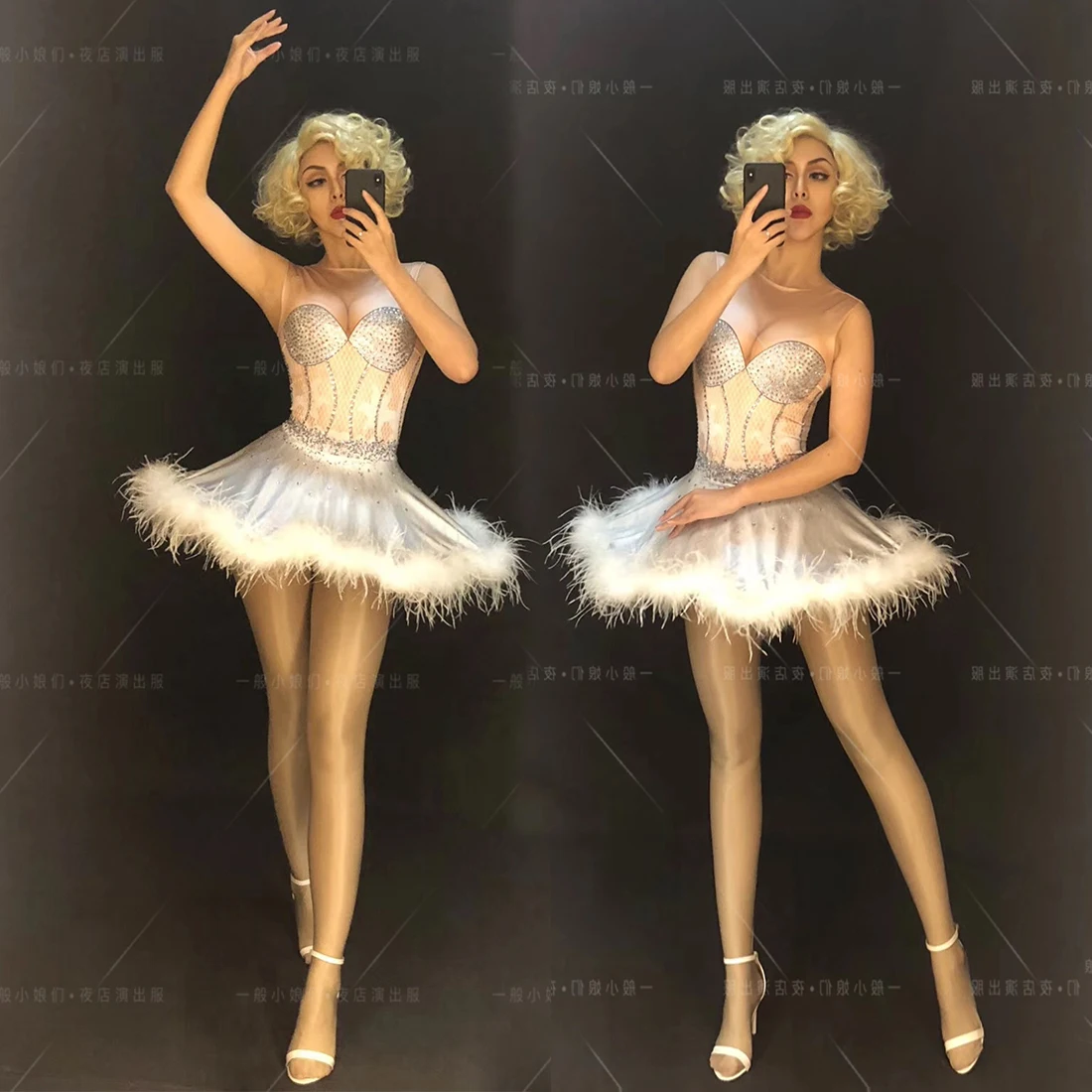 Customized nightclub bar DJ stage outfit, Ice and Snow Queen white ballet jumpsuit, puffy dress, DSgogo performance outfit