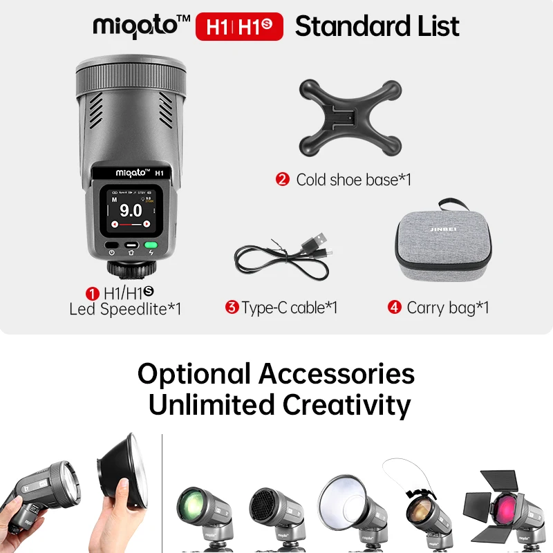 JINBEI H1 Round Head LED Speedlite HSS TTL Camera Flash 12W BI LED Video Light 2 in 1 Light for Canon Nikon Fuji Sony