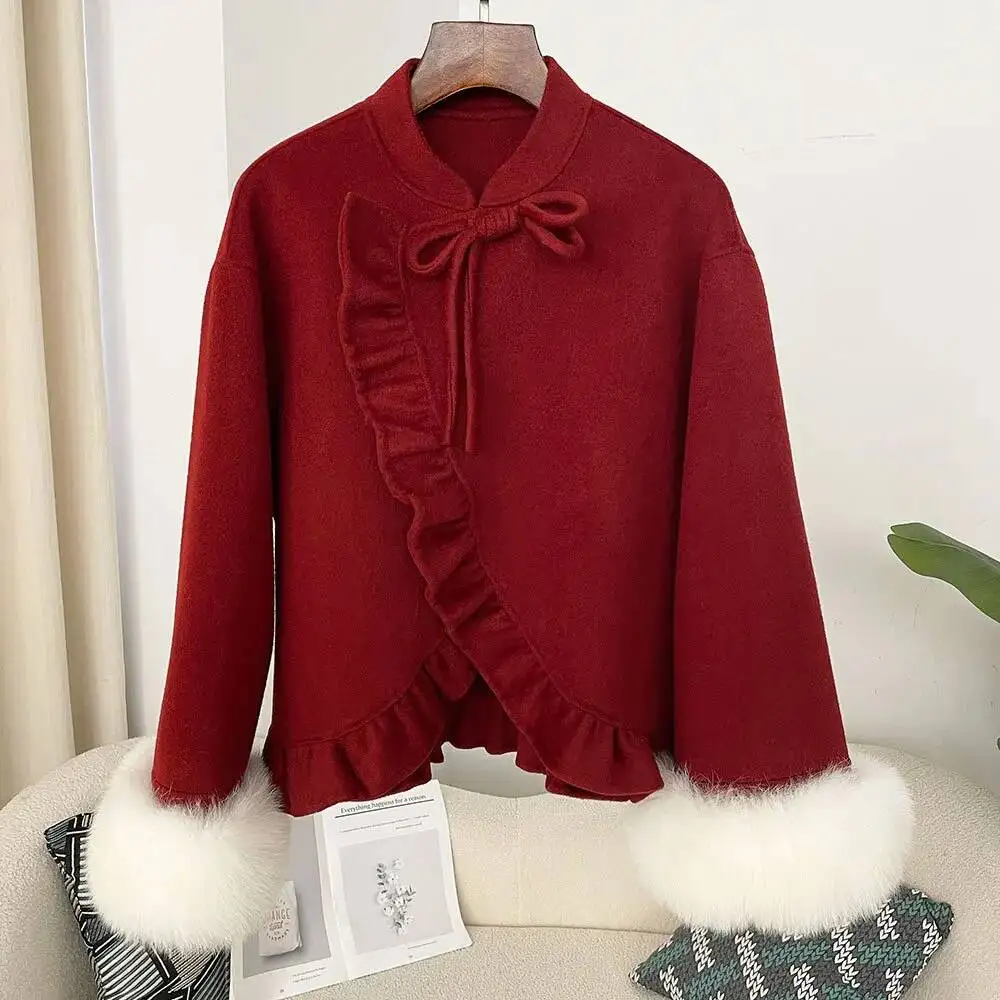 

Autumn Winter Double-Sided Woolen Cashmere Coat Women's Short Fox Fur Cuff Sweet Fresh Style Chinese Tradition