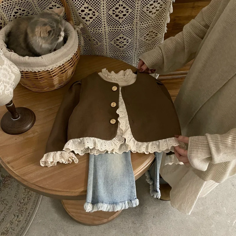 

2-7Y Baby Spring Top Clothes Autumn Korean Style Girls Lace Top Clothing Girls O-Neck Cardigan Jackets Children Retro Outfits