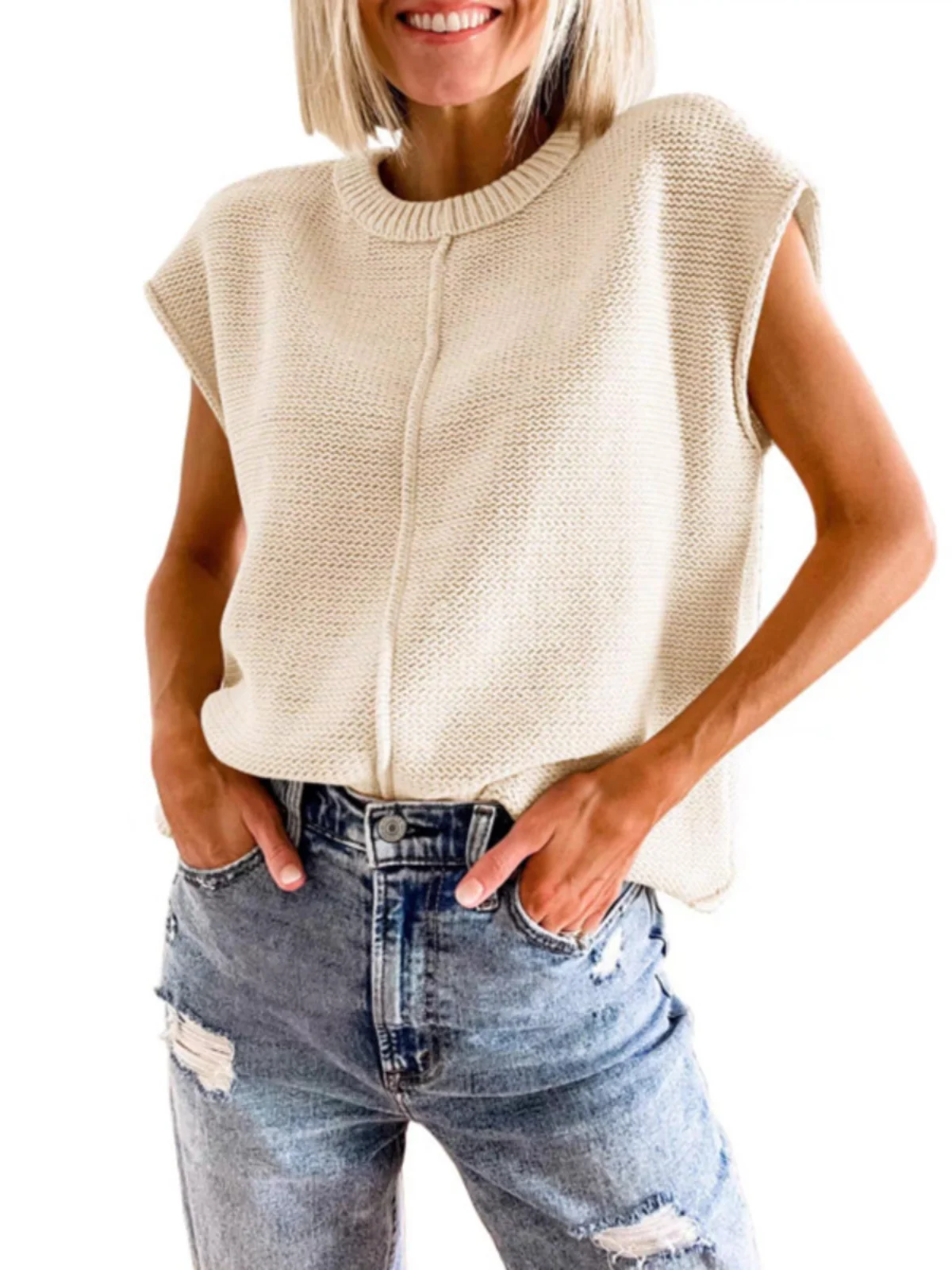 

Summer New round Ne Faion Simple Knitted Casual Svel Sweater Top Street Sle Polyester Fiber Straight Cut Basic