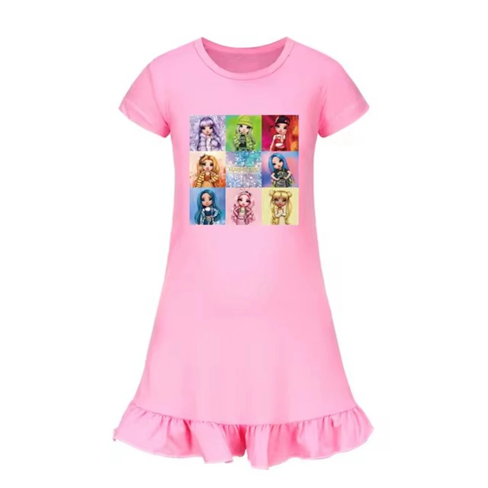 New Girls Nightdress Short Sleeve Rainbow High 3D Print Sleepwear Pajamas Kids Nightgown Children Home Wear Night Sleep Dress