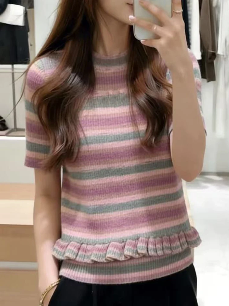 

Весенне-летний модный повседневный винтажный вязаный шерстяной пуловер с полосками, женский топ с круглым вырезом, коротким рукавом, эластичный, облегающий, с оборками