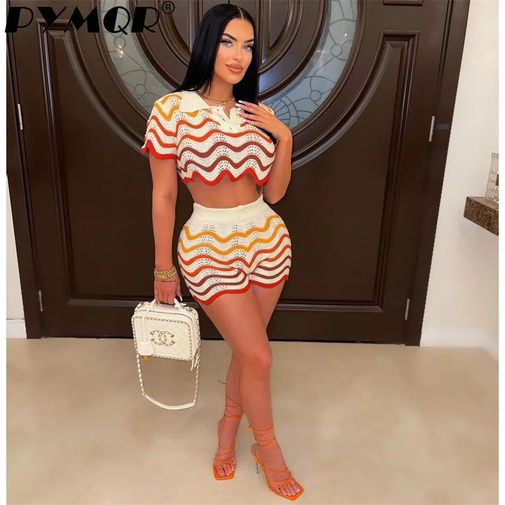 PYMQR New Knitted Sweater Shorts Two-piece Set Woman 2023 Summer Y2K Sexy Streetwear Jogger Outfits Wholesale