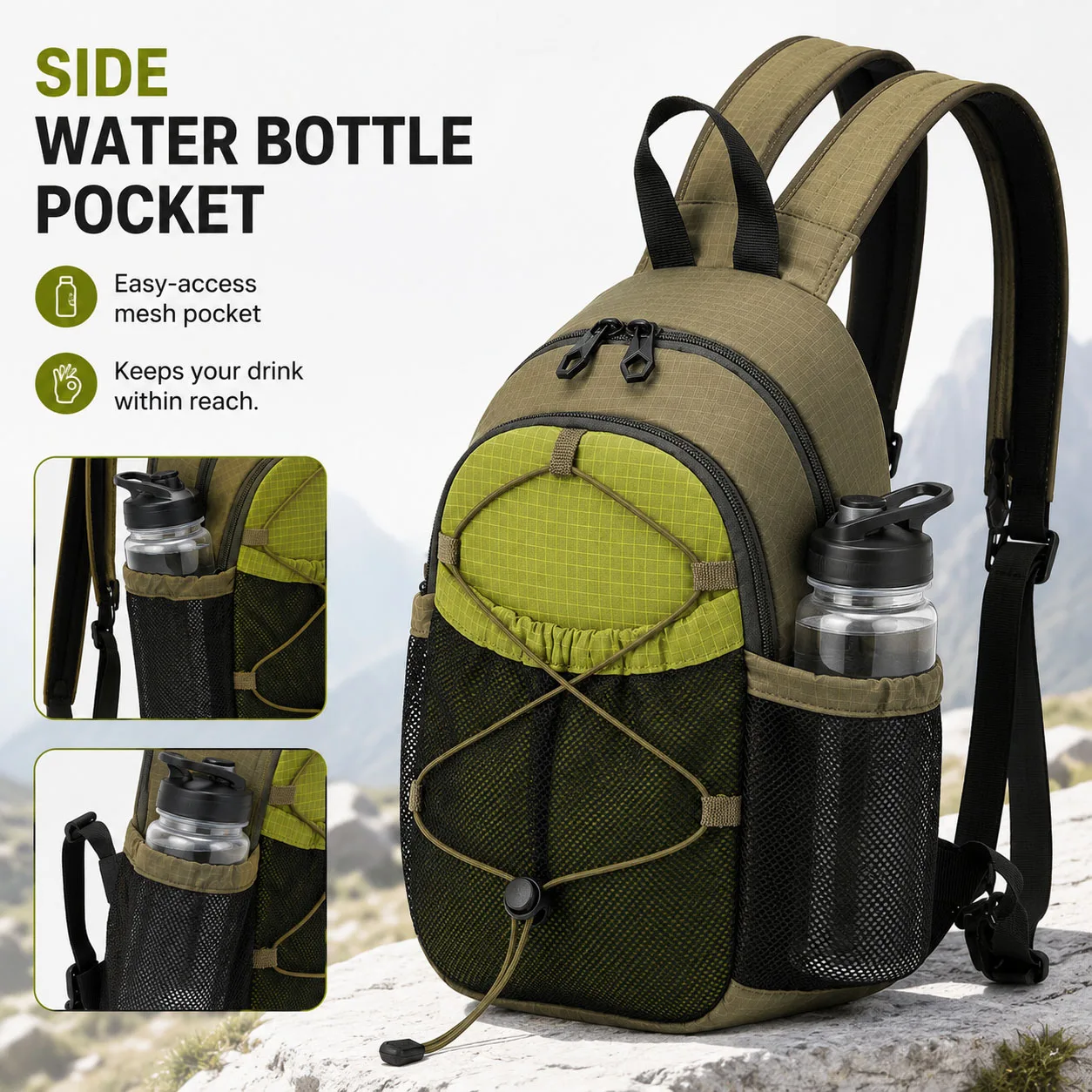 Lightweight Sling Bag for Hiking Travel Cycling Convertible Single Double Shoulder Carry with Water Bottle Pocket for Men Women