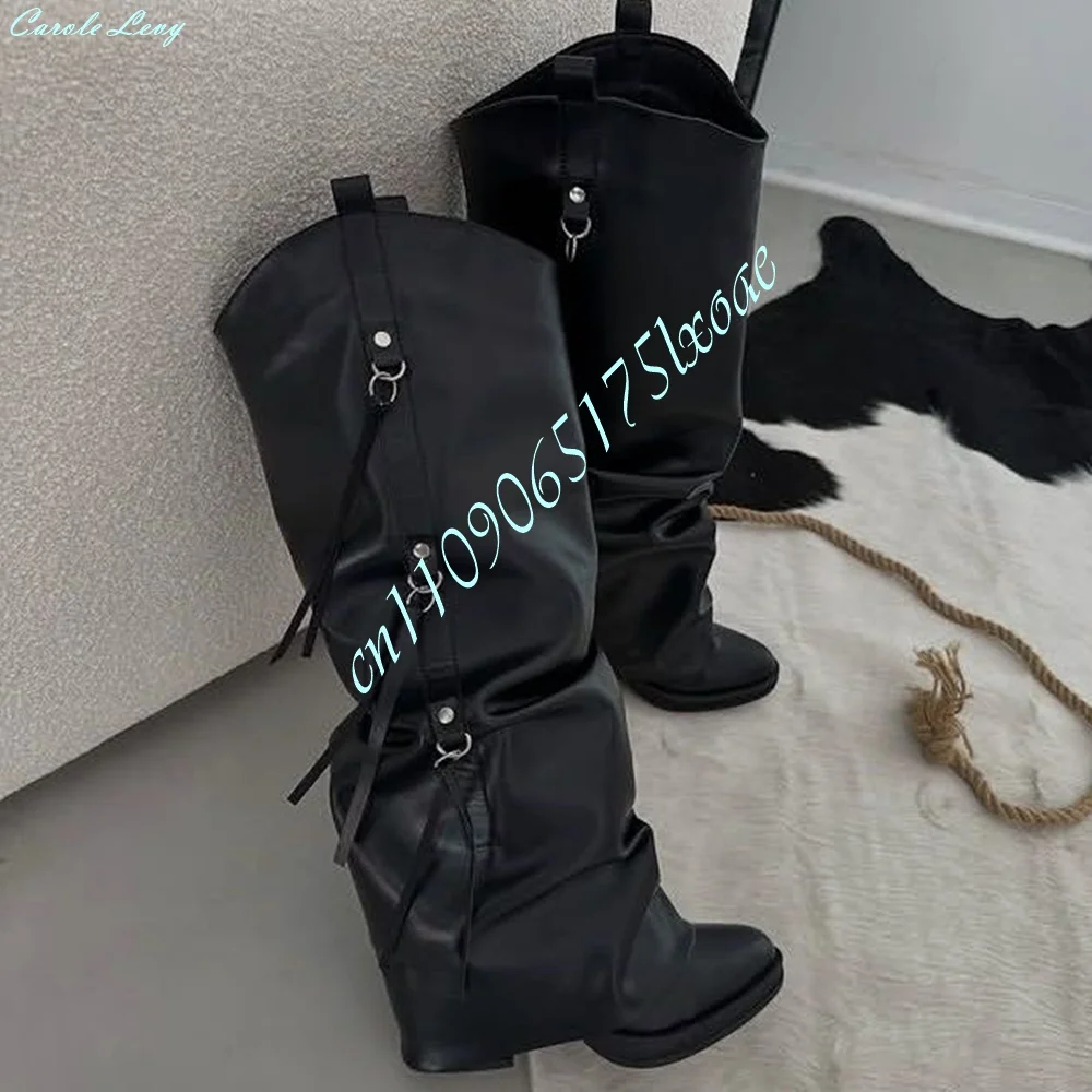 Y2K Punk Women Slouchy Knee High Boots Metal Buckle Tassel Decor Chunky Long Boots Soft PU Foldable Ladies Boots Autumn Winter