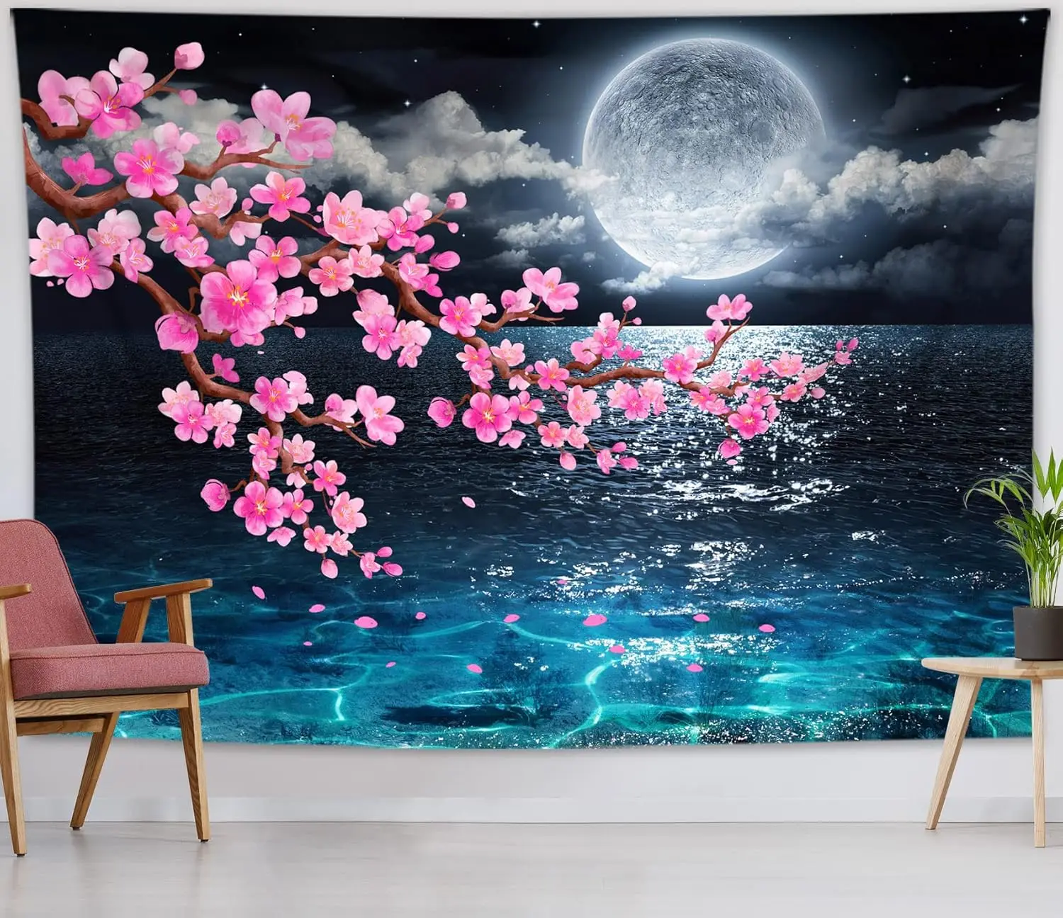 Moon Over Ocean Tapestry, Full Moon Night Sky with Cherry Blossom Tree Wall Tapestry for Bedroom, Cloud Pink Floral Wall Hanging
