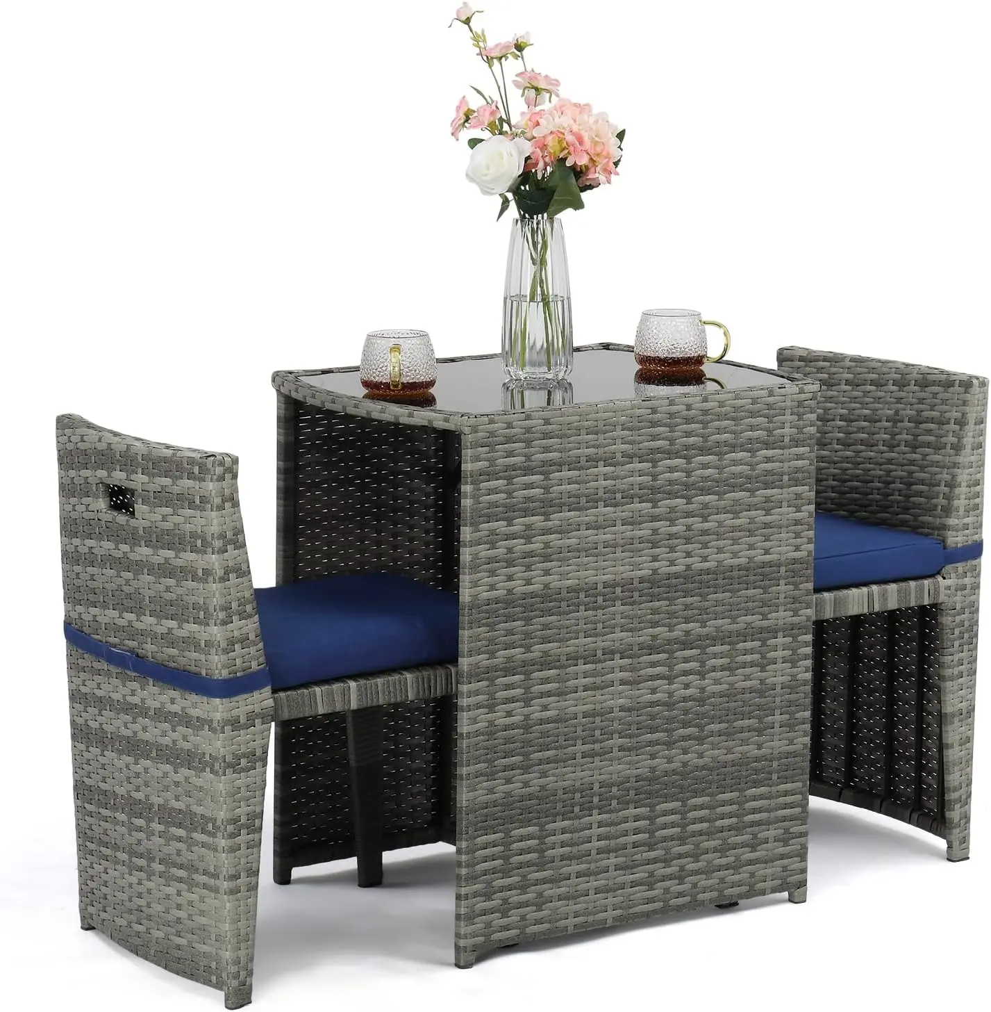 

3 PCS Wicker Outdoor Patio Bistro Set, Patio Furniture Set for Small Space with Glass Top Table Dining Chairs, Balcony Furniture