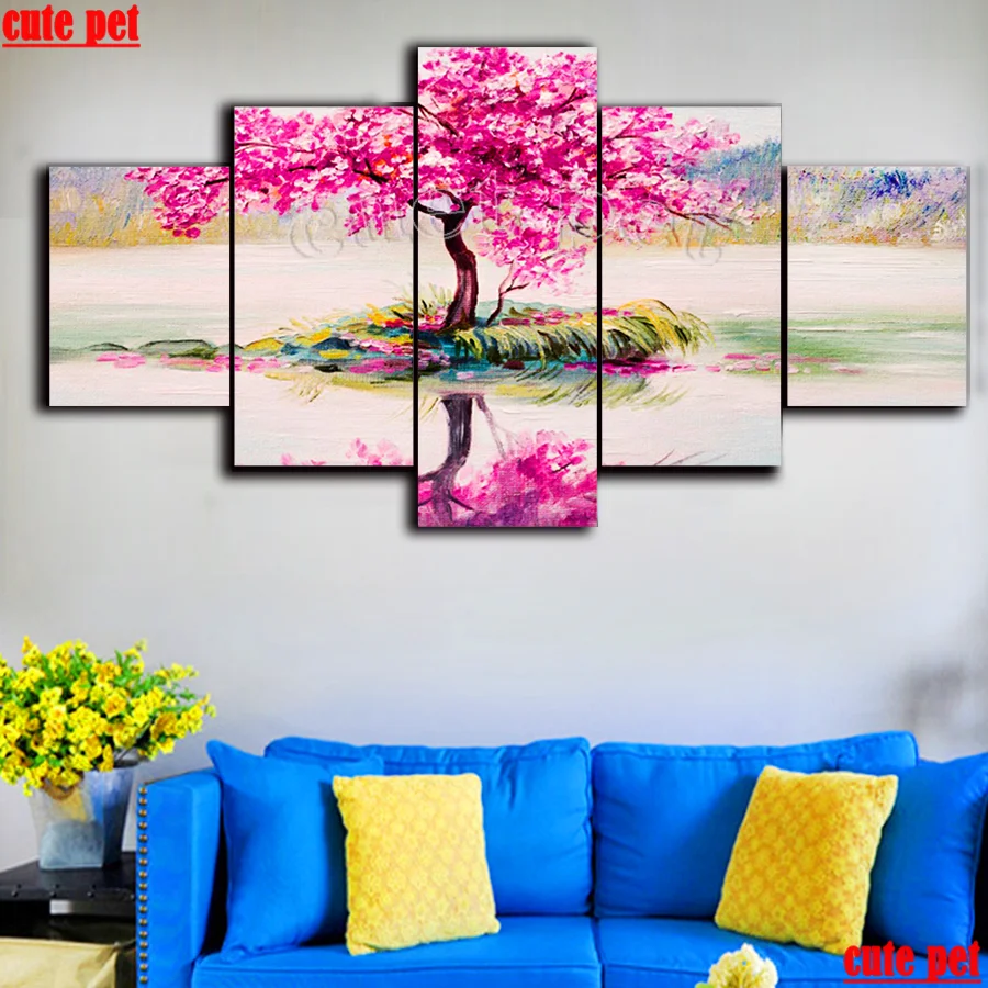 5D full Drill Diy diamond painting set Pink tree rhinestones embroidery natural scenery diamond mosaic cross stitch decor 5PCS