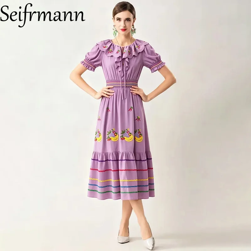 Seifrmann Spliced ​​Embroidered Dress Round Neck Short Sleeve Waist Mid-Length Dress 2026 Summer Women's New Style