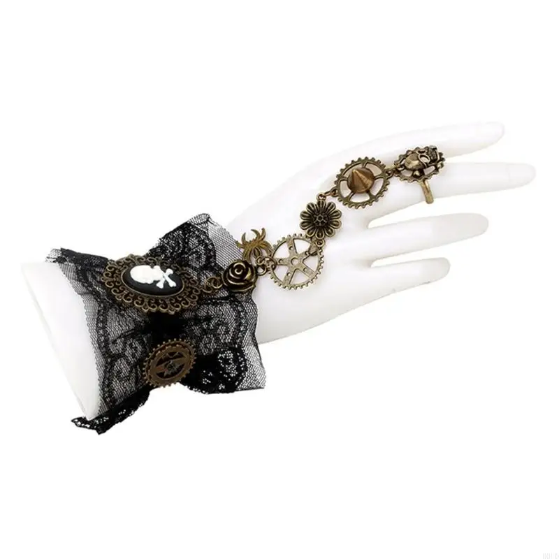 D0UD Steampunk Fingerless Lace Gloves for Women Stage Performances Props Gear Rings Gloves Vintage Victorian Wristband Gloves