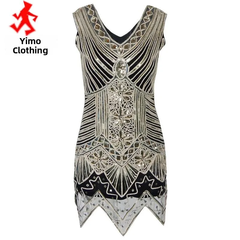 

4XL, большой размер, ручное вязаное платье с пайетками, винтажное блестящее платье 920S для особых случаев, весенне-осенняя одежда