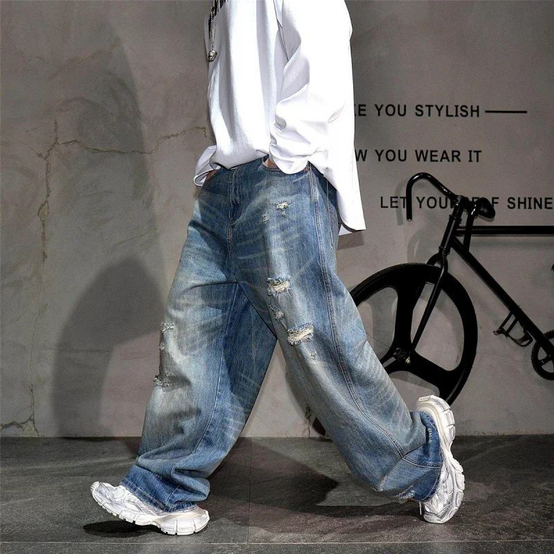 Retro Ripped Loose Straight Jeans, American Style Washed Distressed Plus Size Long Denim Pants