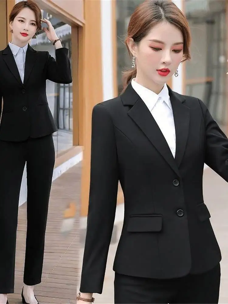 Black Tailored Suit Jacket Professional Interview Workwear Formal Women's Long Sleeve Short Length Single Button Closure