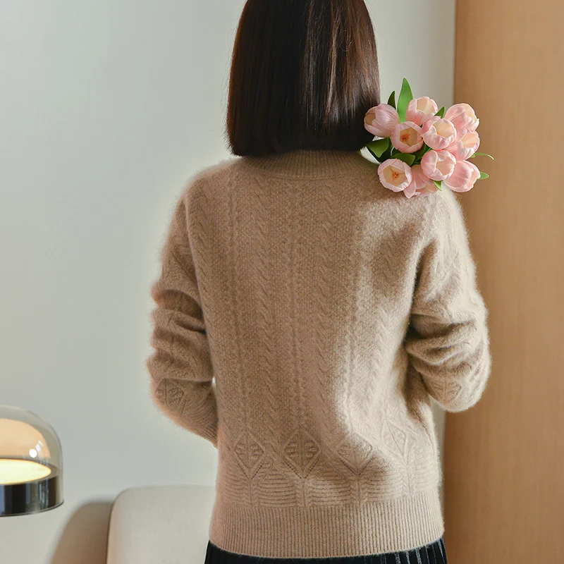 New Women's 100% Merino Wool Sweater Half high collar Pullovers Autumn Winter Thickened Twist Flower Cashmere Knitwear Clothing