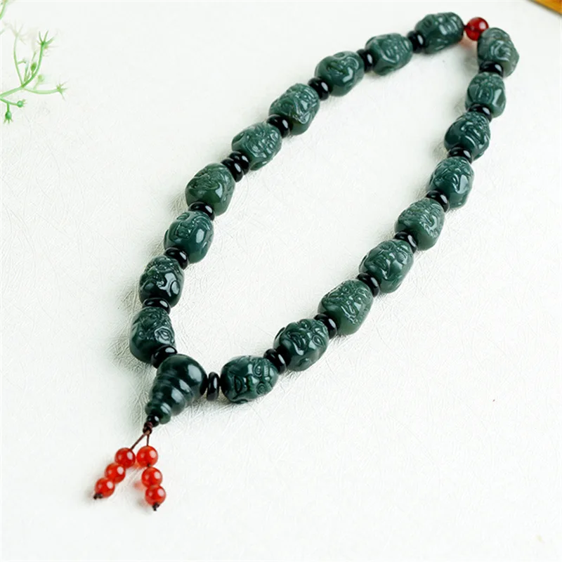 Xinjiang Hetian Eighteen Disciples of the Buddha -Held Hand Pieces Women's Tower Green Necklace Natural Jade Lohan'