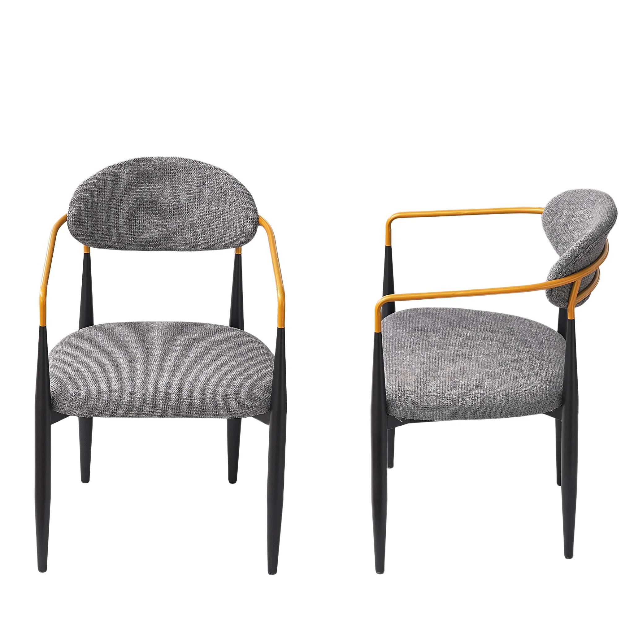 Upholstered Dining Chairs Set of 2, Gray Fabric Padded Seat and Back, Black Metal Frame, Gold Accent Armrests for Kitchen and Dining Room