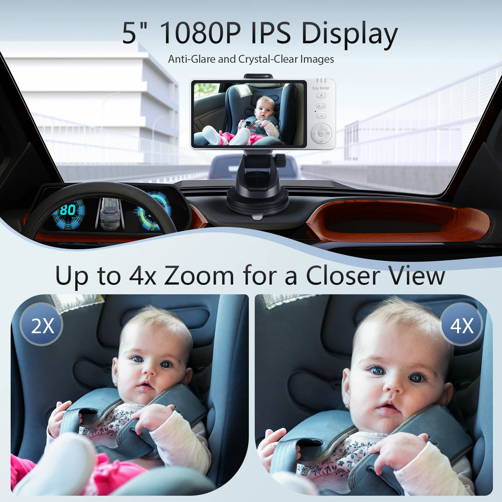 

2in1 Wireless Car Baby Mirror 4X Zoom Night Vision 150° Wide Angle Camera with 5'' IPS Monitor for Rear Facing Seat Kids Home