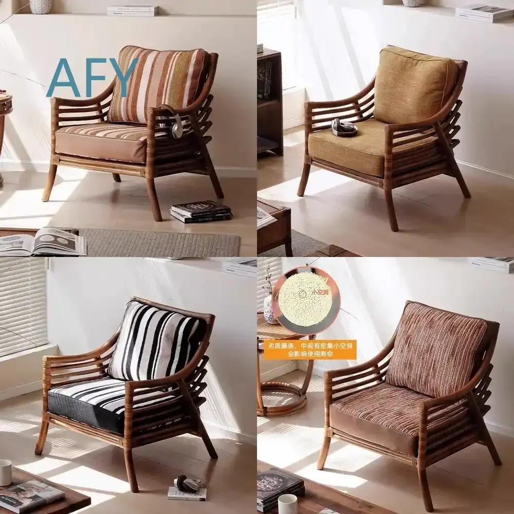Rattan Single Sofa Chair with Footstool Set for Indonesian Style Rustic Wabi Sabi Home Decor Balcony Lounge Seating for