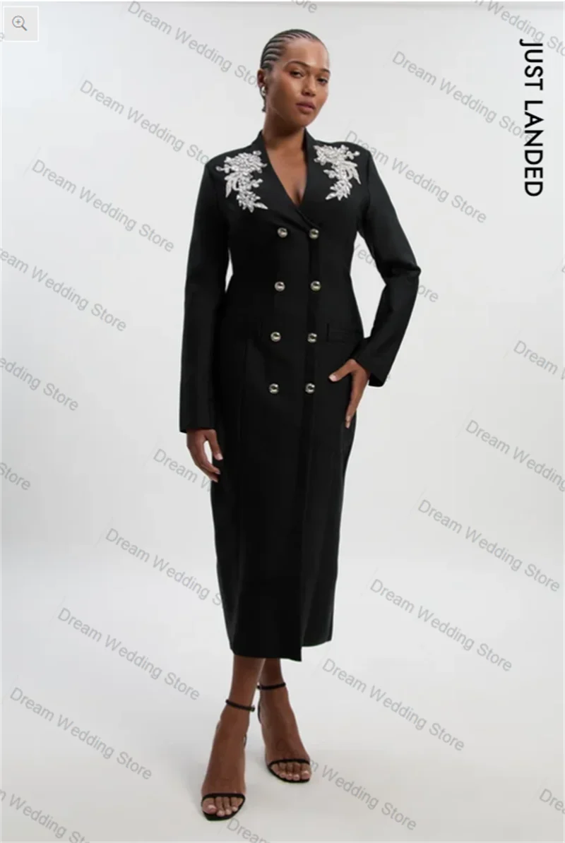 

Black Cotton Women Suit 1 Pcs Long Blazer Prom Dress Luxury Crystals Formal Office Lady Jacket Customized Wedding Tuxedos Coat