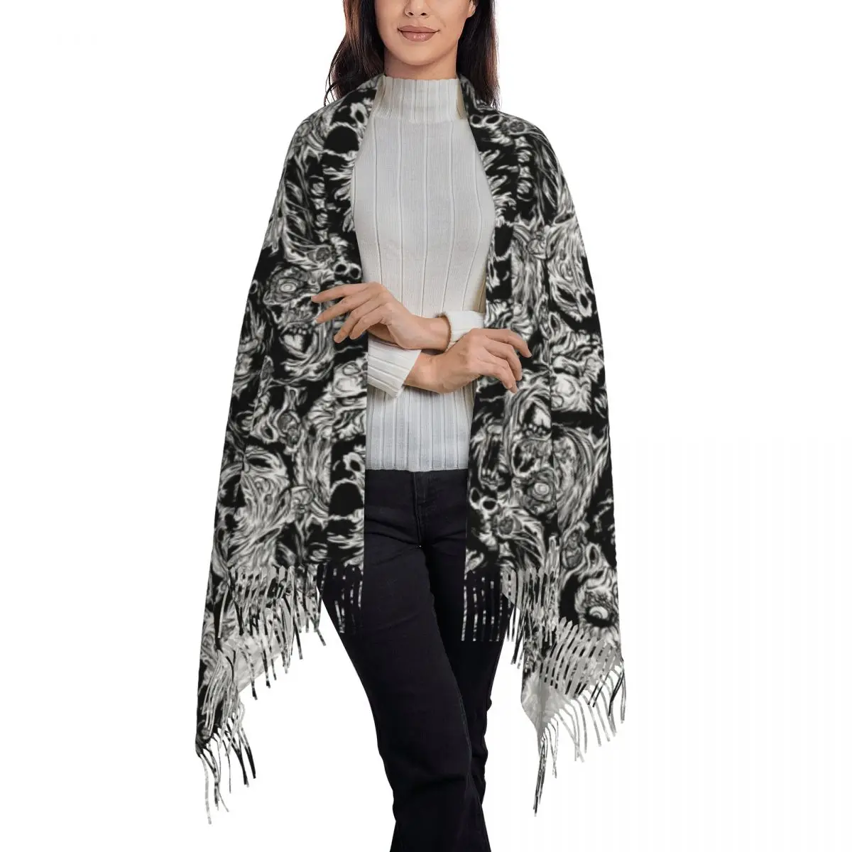 Skull Print Luminous Horror Night Halloween Scarf Tassel Scarves for Women Soft Warm Shawls and Large Fall Winter Shawl Wraps