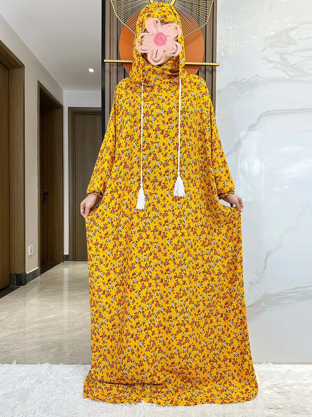 2024 Ramadan Niqab Khimar Muslim Floral Cotton Abaya Dubai Turkey Islam Prayer Clothes African Dresses Kaftan Robe Femme