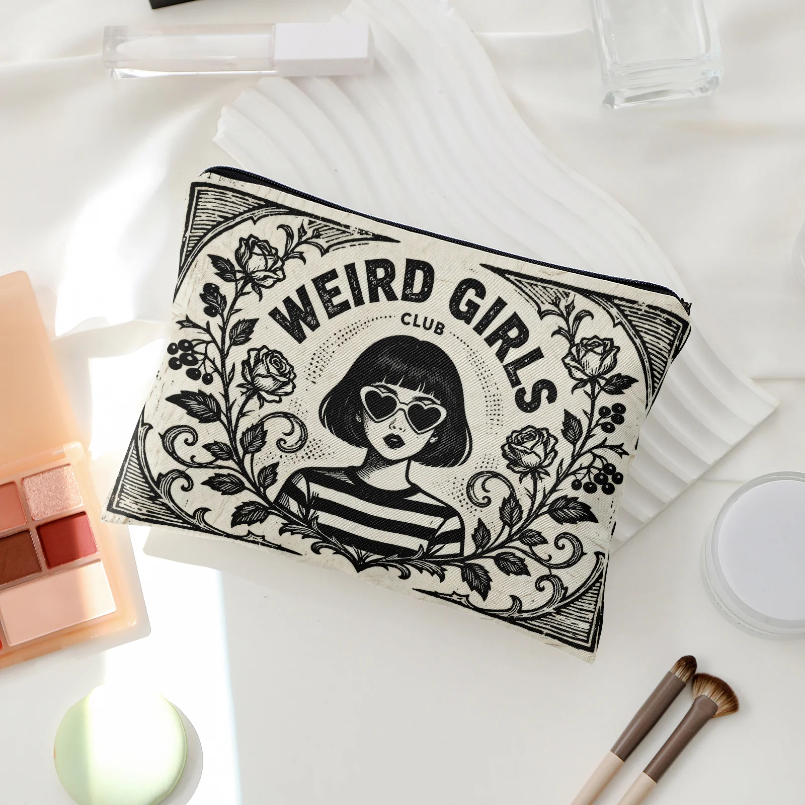 WEIRD GIRLS CLUB Vintage Makeup & Toiletry Organizer Bag -Black & White Retro Multi-Functional Travel & Home Organizer for Women