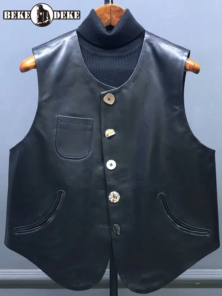 

Офисный лаконичный женский однотонный жилет из натуральной кожи с карманами, свободная однобортная однобортная модная верхняя одежда без рукавов из овчины