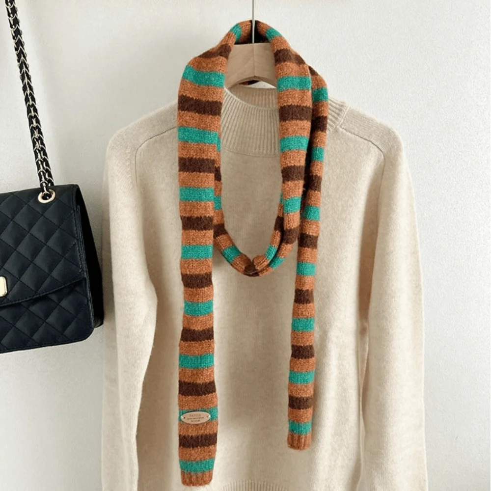 

Soft Korean Style Striped Scarf Narrow Neck Warmer Cashmere Knitted Scarf Windproof Thickened Winter Shawl Daily